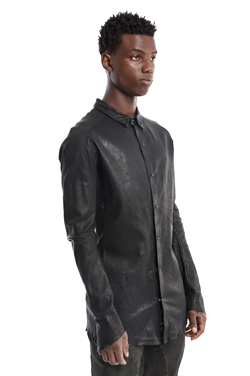 BLACK STRETCH LEATHER SHIRT JACKET