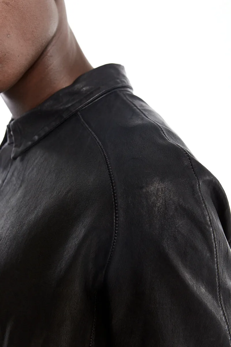 BLACK STRETCH LEATHER SHIRT JACKET