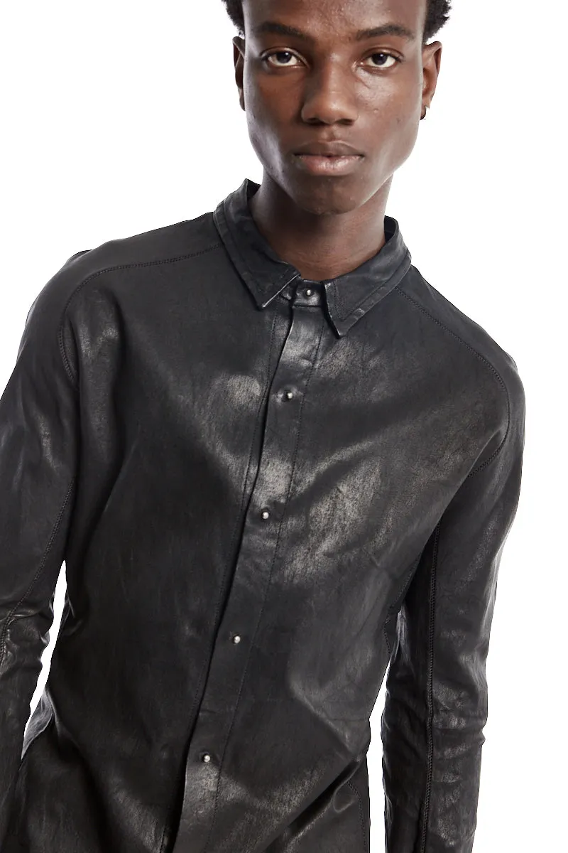 BLACK STRETCH LEATHER SHIRT JACKET