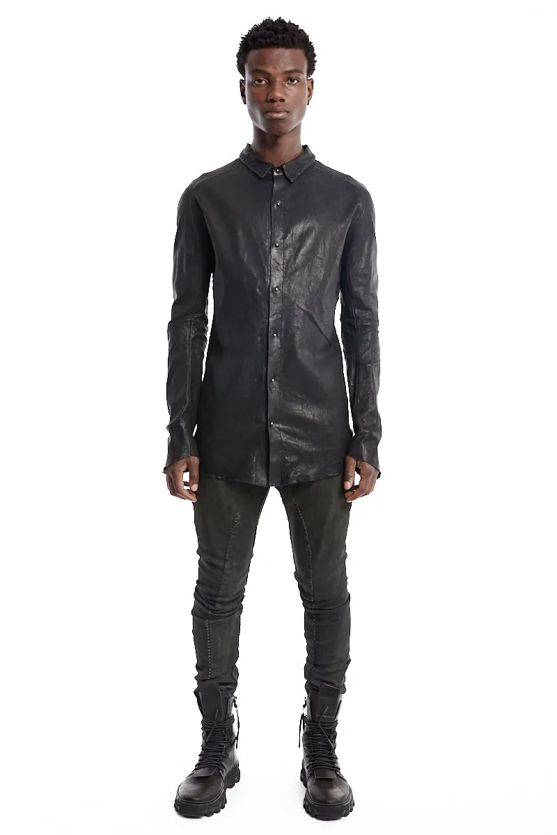 BLACK STRETCH LEATHER SHIRT JACKET