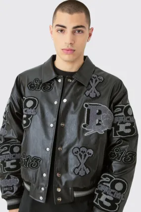 Boxy Pu Tonal Badge Varsity Jacket