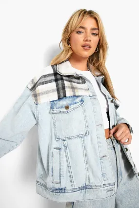 Brush Check Panel Oversized Denim Jacket