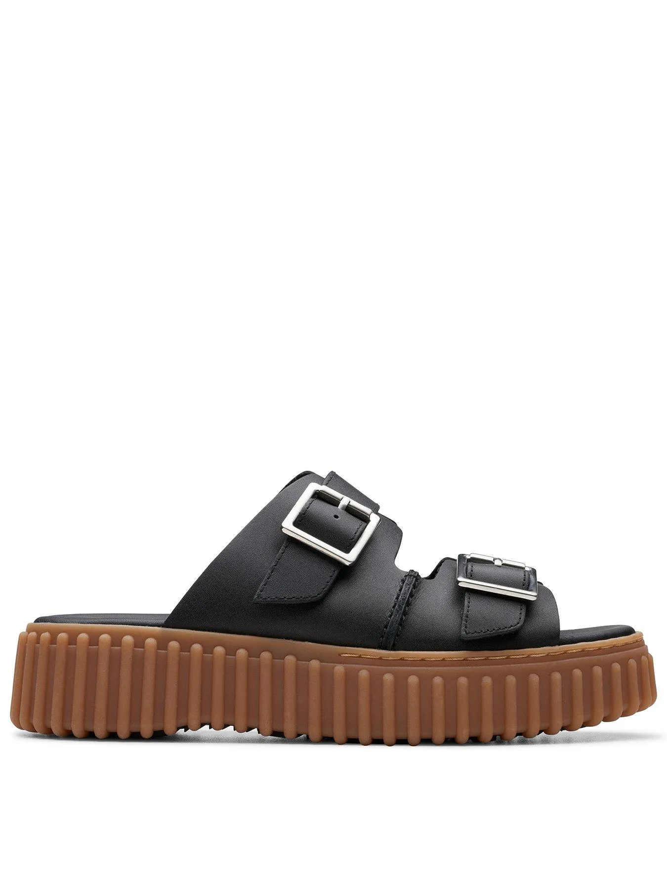 Clarks Torhill Leather Double Buckle Platform Slides - Black