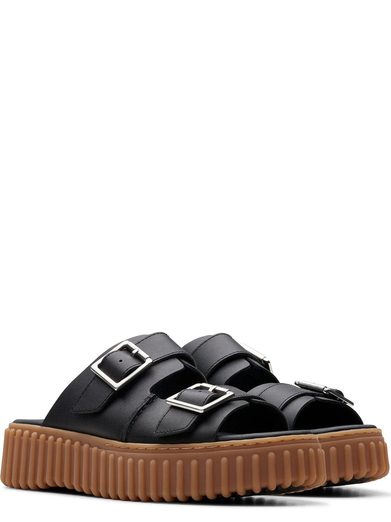 Clarks Torhill Leather Double Buckle Platform Slides - Black