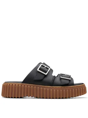 Clarks Torhill Leather Double Buckle Platform Slides - Black