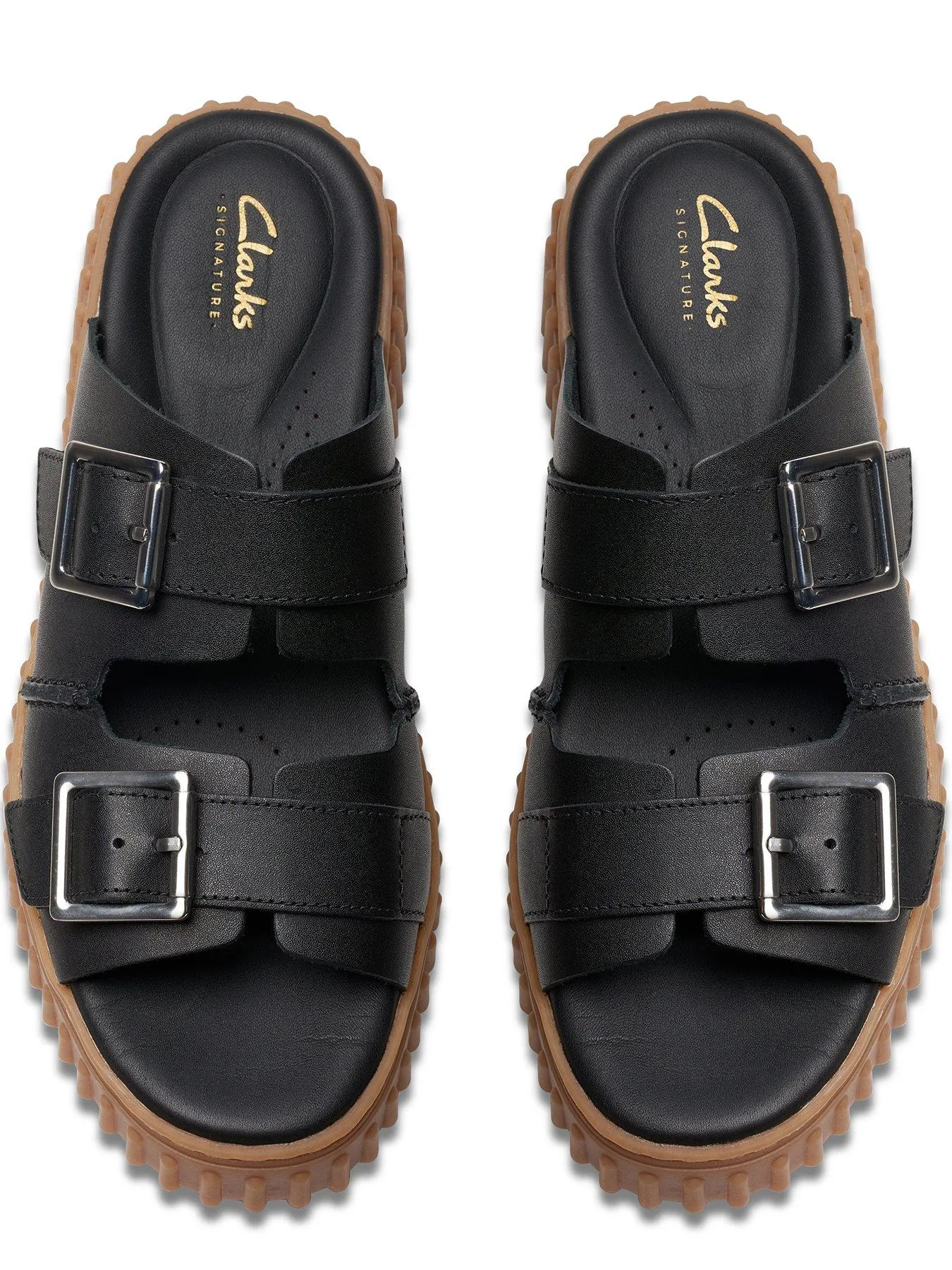 Clarks Torhill Leather Double Buckle Platform Slides - Black