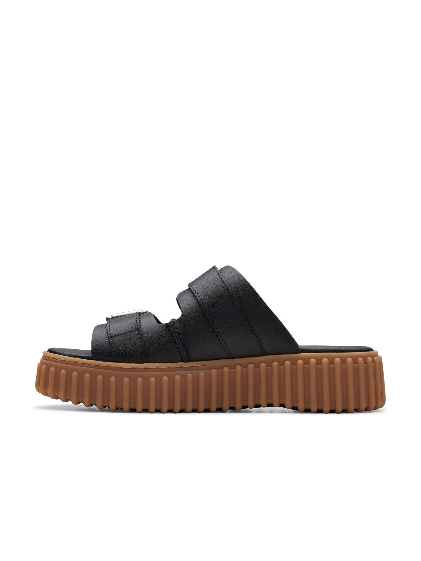 Clarks Torhill Leather Double Buckle Platform Slides - Black