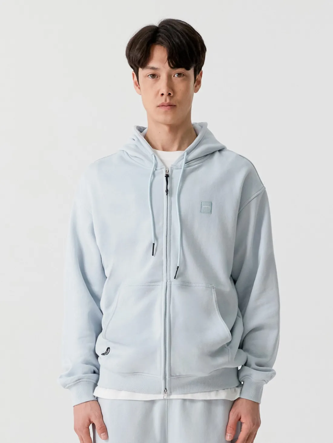 ESSENTIAL APPLIQUE FULL ZIP-UP HOODIE-GREYSH BLUE