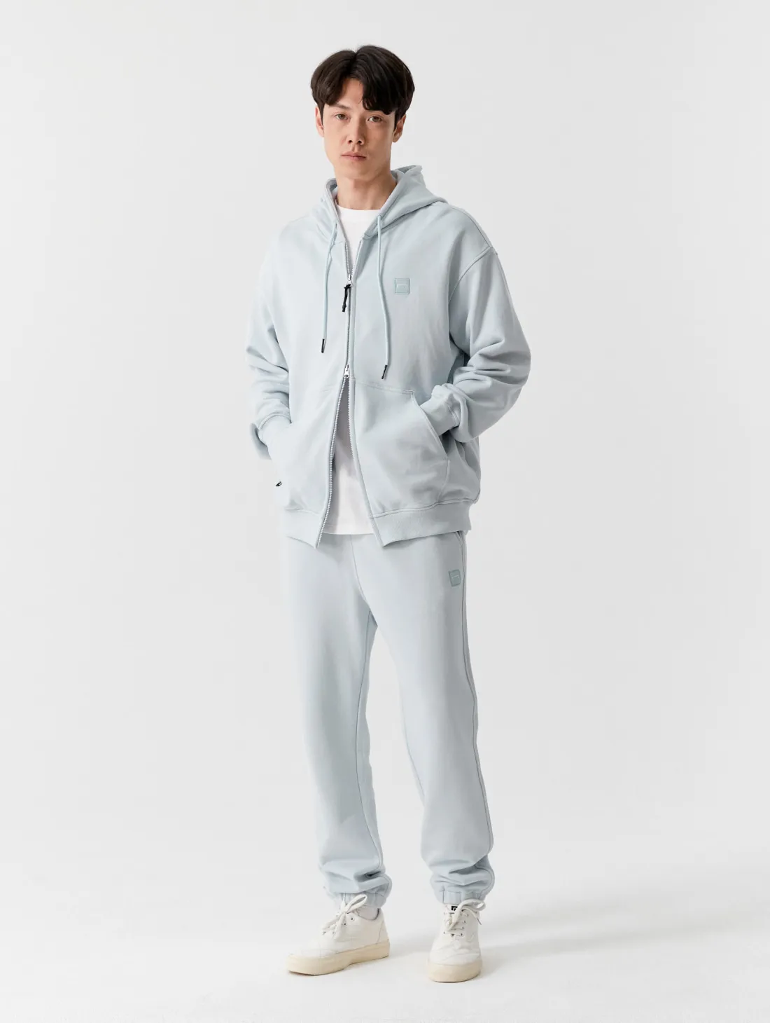 ESSENTIAL APPLIQUE FULL ZIP-UP HOODIE-GREYSH BLUE