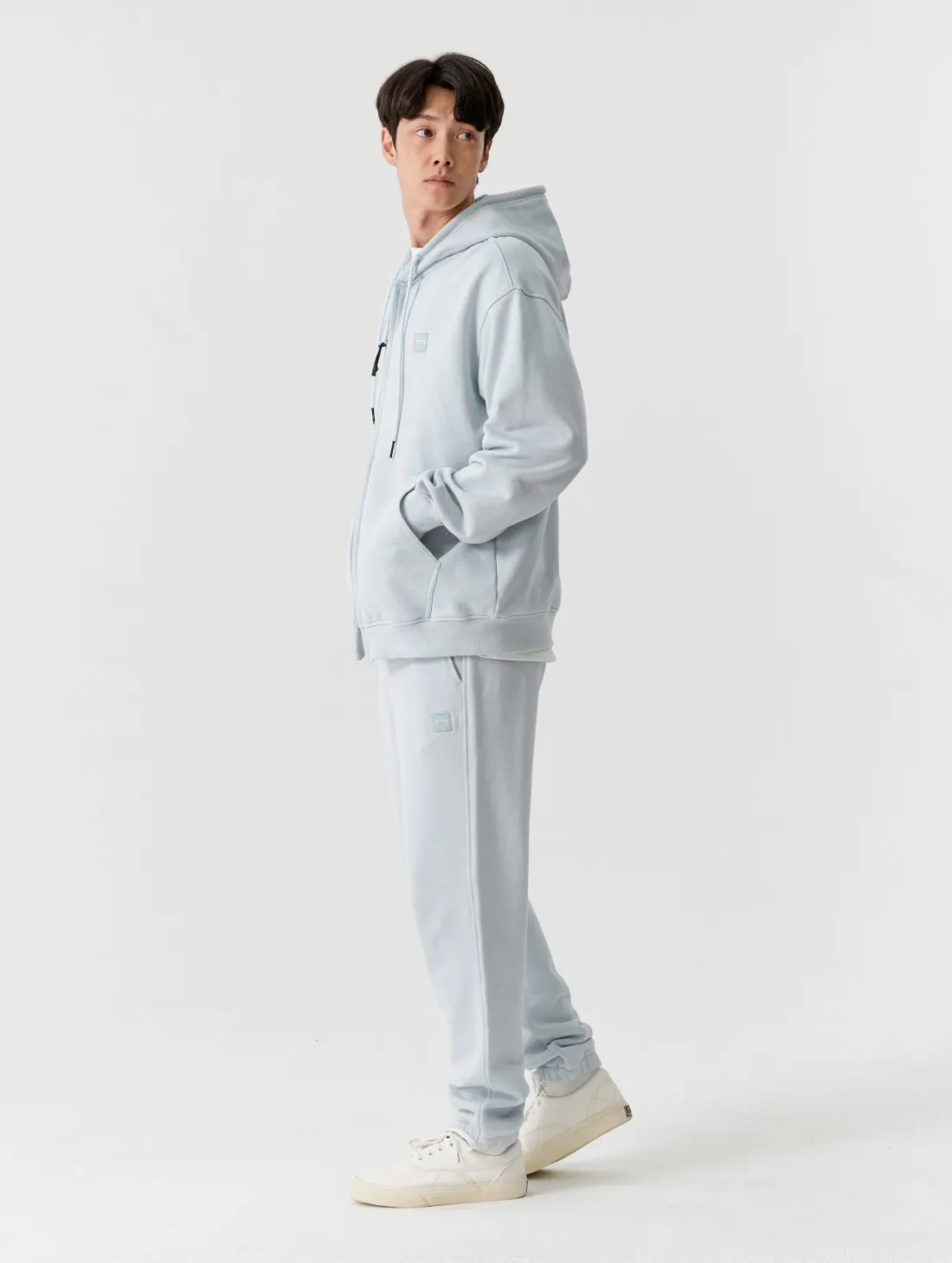 ESSENTIAL APPLIQUE FULL ZIP-UP HOODIE-GREYSH BLUE