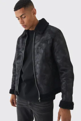 Faux Suede Aviator Jacket In Black