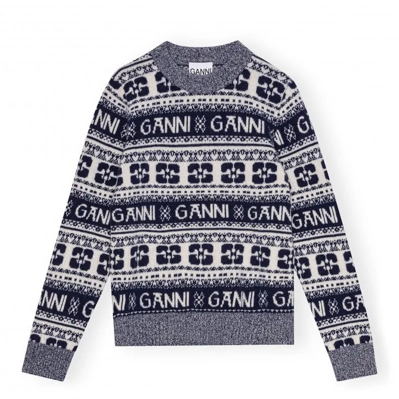 GANNI Logo Wool Mix O-Neck Pullover (Sky Captain)