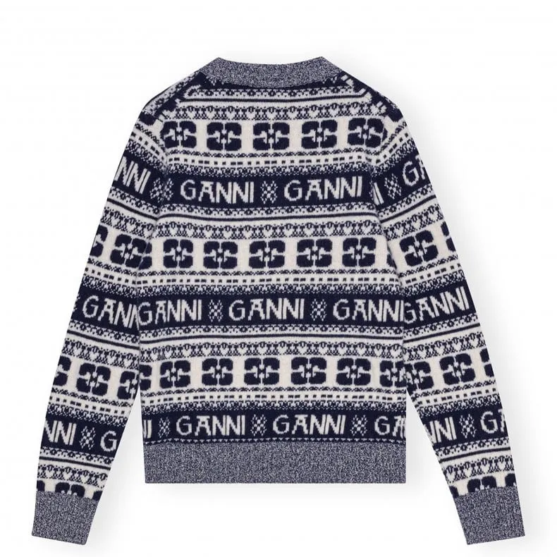 GANNI Logo Wool Mix O-Neck Pullover (Sky Captain)