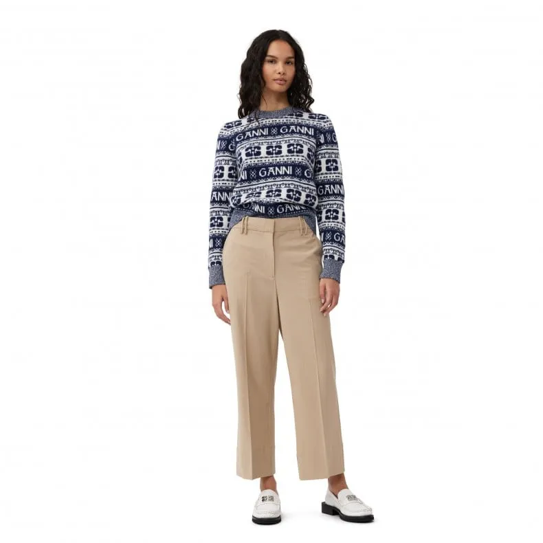 GANNI Logo Wool Mix O-Neck Pullover (Sky Captain)