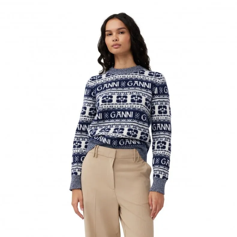 GANNI Logo Wool Mix O-Neck Pullover (Sky Captain)