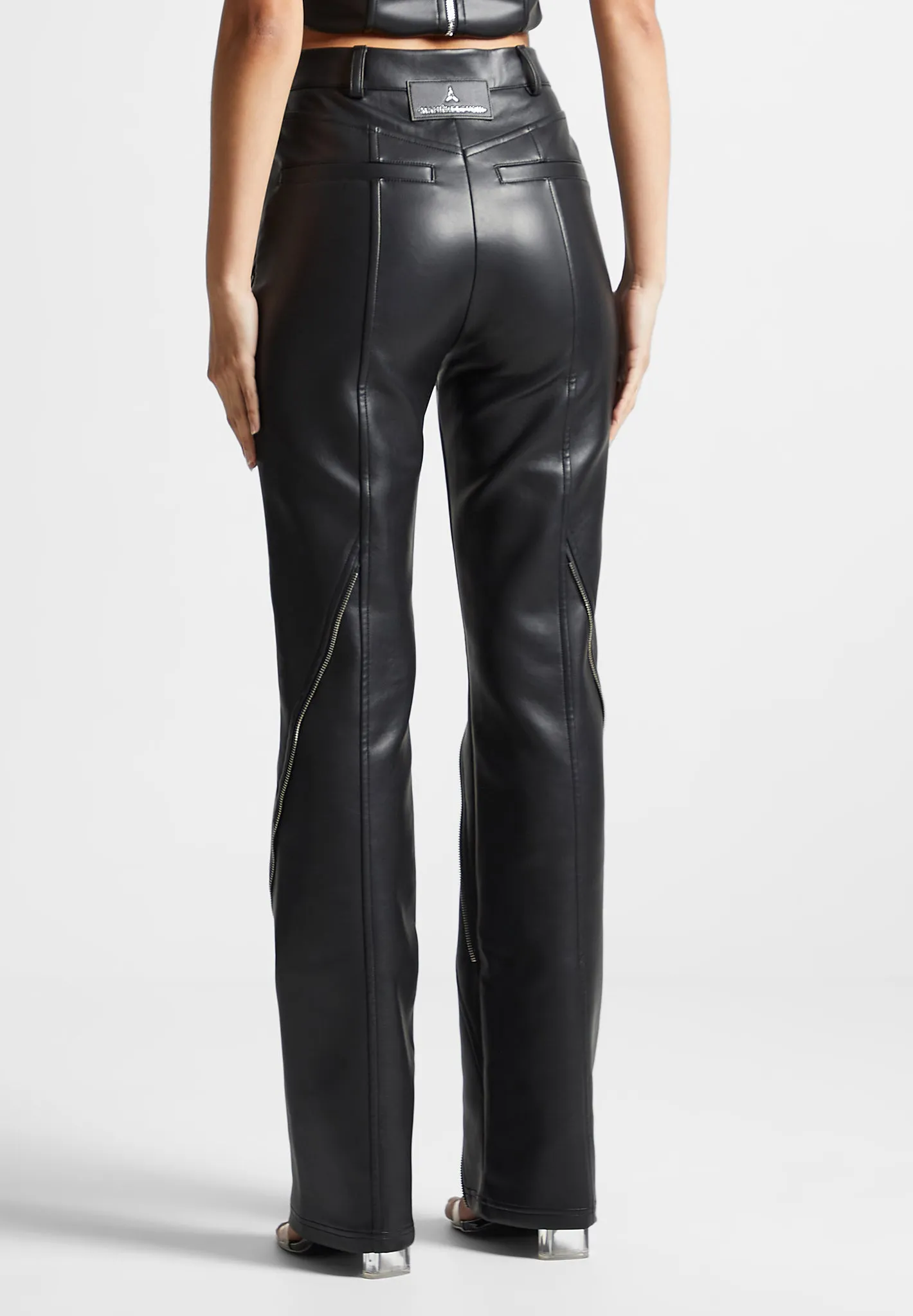 Leather Biker Trousers with Zip - Black