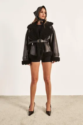 Luxe Teddy Trim Belted Aviator Jacket