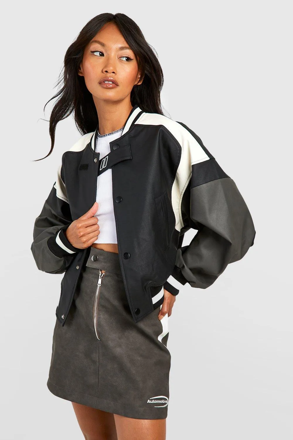 Moto Faux Leather Contrast Detail Bomber Jacket