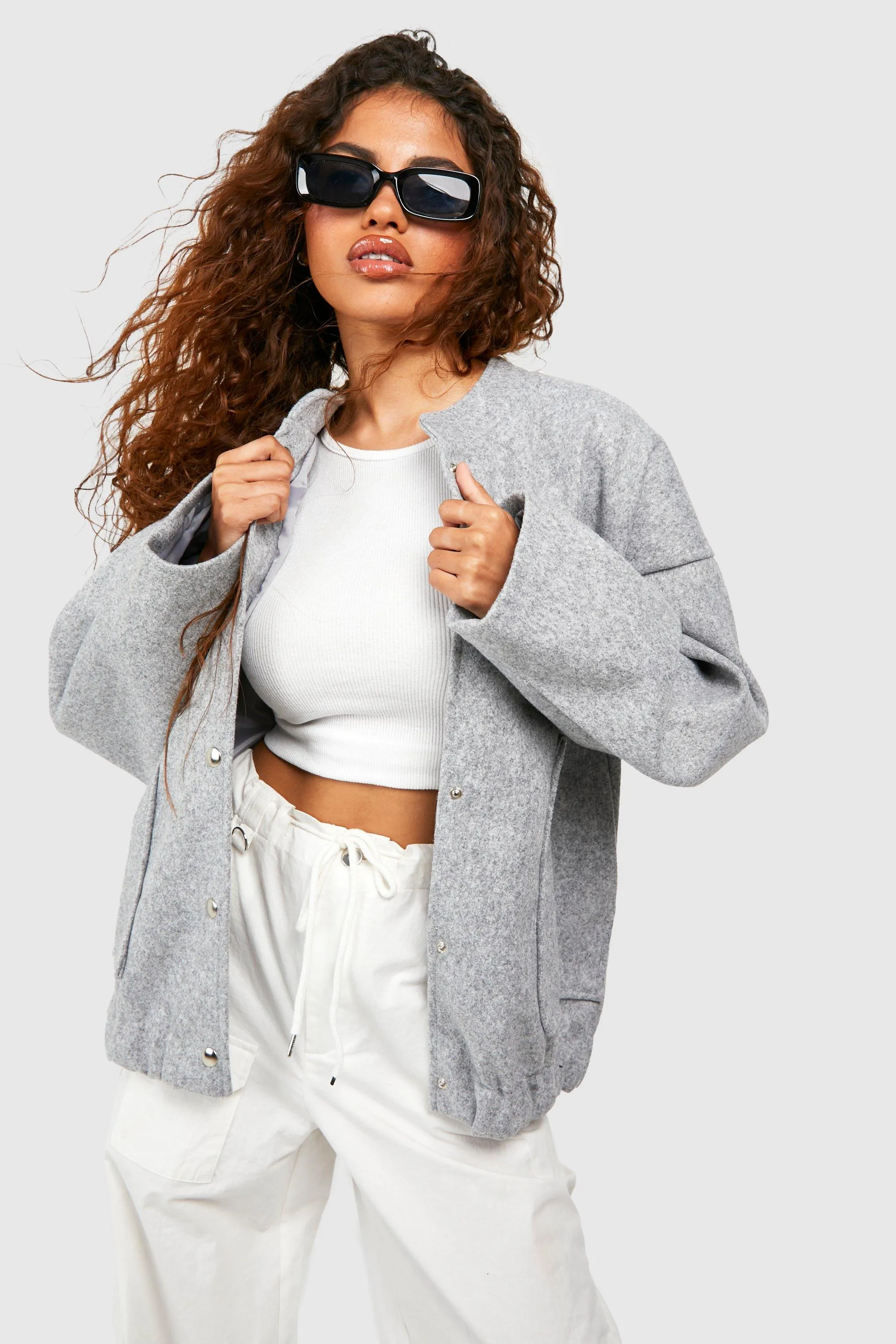 Petite Wool Look Oversized Bomber Jacket