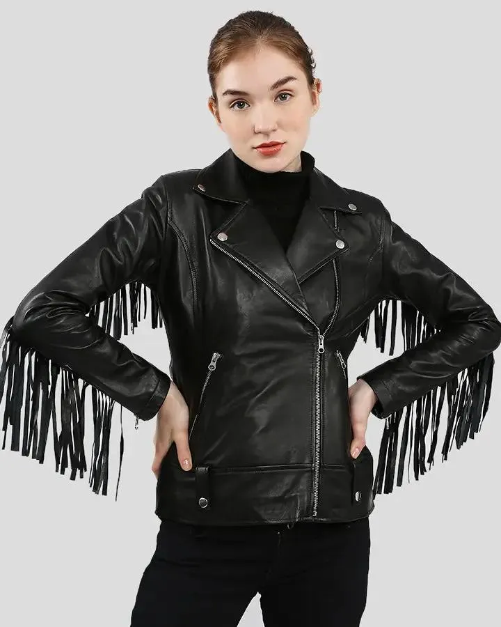 Raquel Black Fringe Biker Leather Jacket