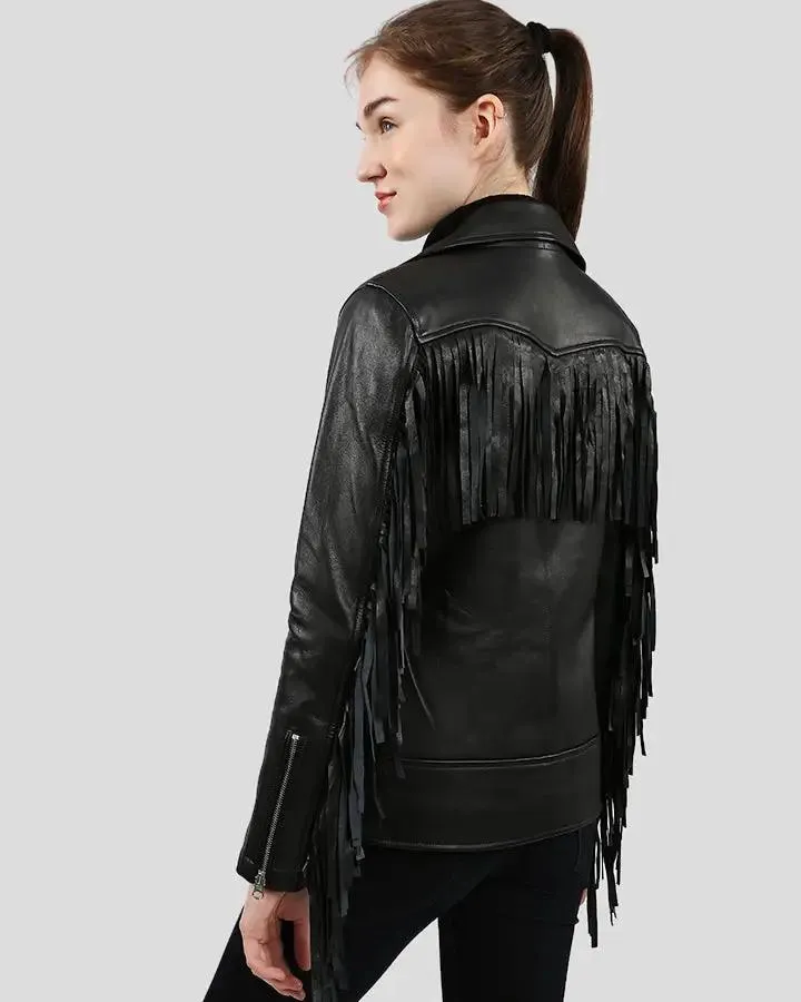 Raquel Black Fringe Biker Leather Jacket