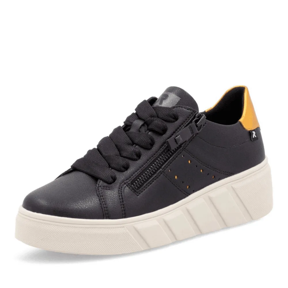 Rieker W0505 Black and Gold Side Zip Platform Trainers