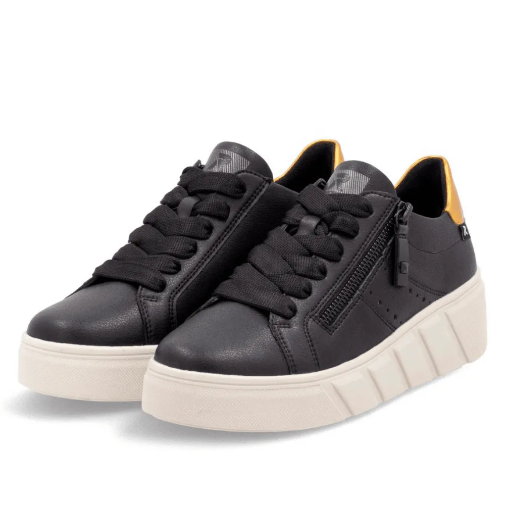 Rieker W0505 Black and Gold Side Zip Platform Trainers