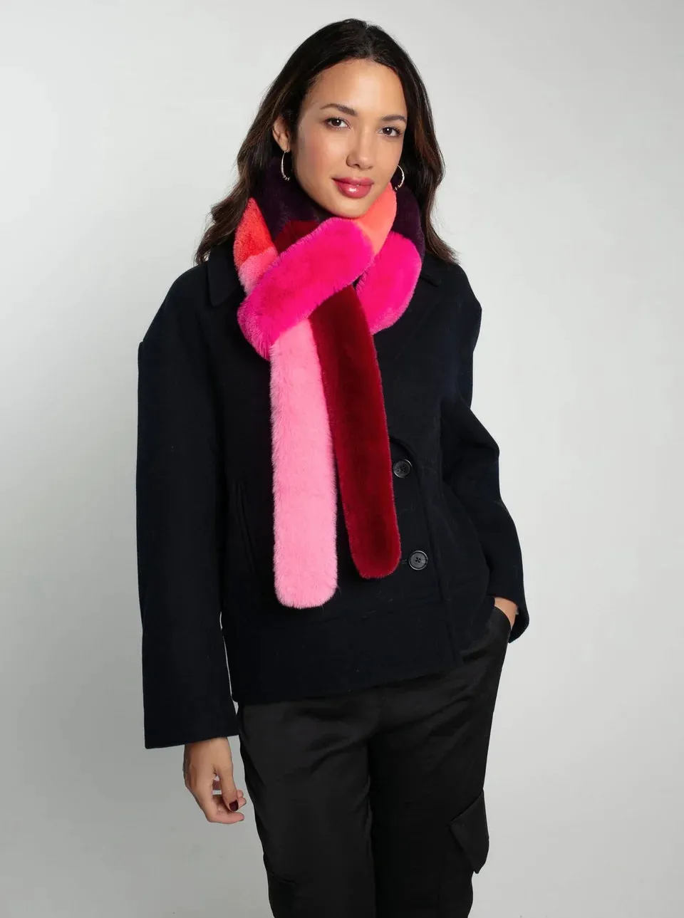 Sacs of Ashbourne   Nooki Carousel Faux Fur Stripe Scarf-Coral Mix