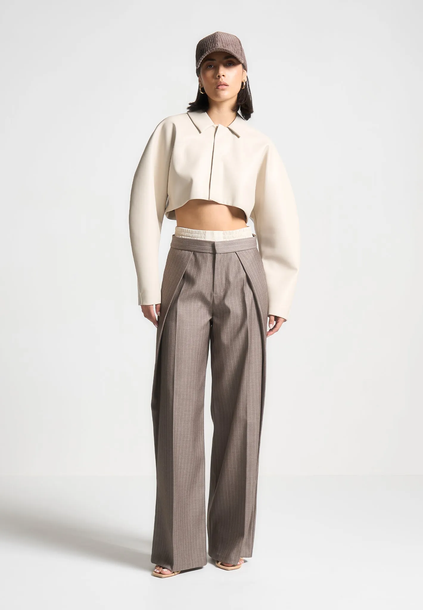 Satin Waistband Pinstripe Trousers - Taupe