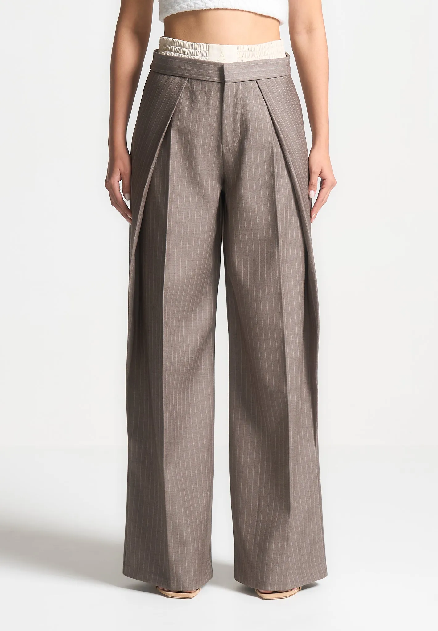 Satin Waistband Pinstripe Trousers - Taupe