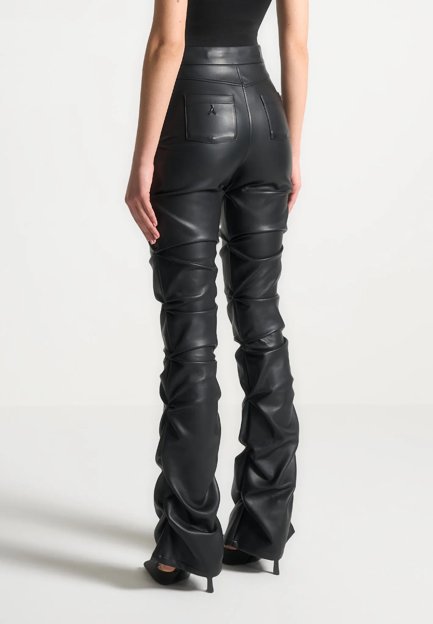 Tacked Leather Flared Trousers - Black