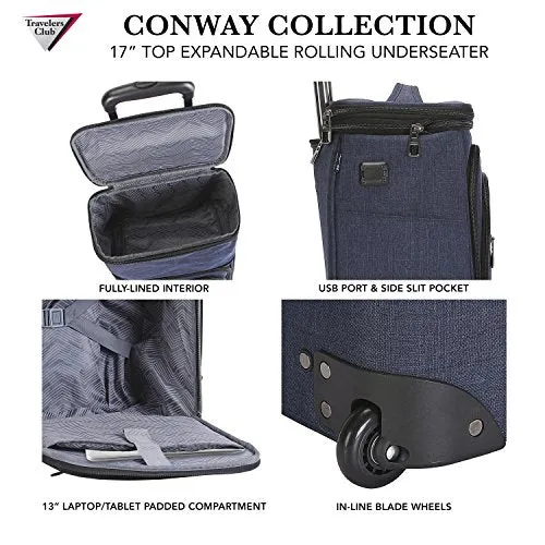 Travelers Club Top Expandable +50% Capacity Luggage with USB Port, Navy Blue, 17