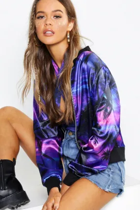 Tropical Palm Print Satin Bomber Jacket