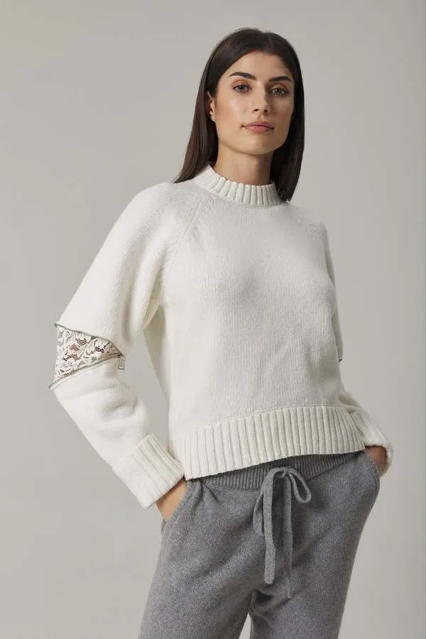 Val Cashmere Blend Pullover With Lace Inserts - Sugar