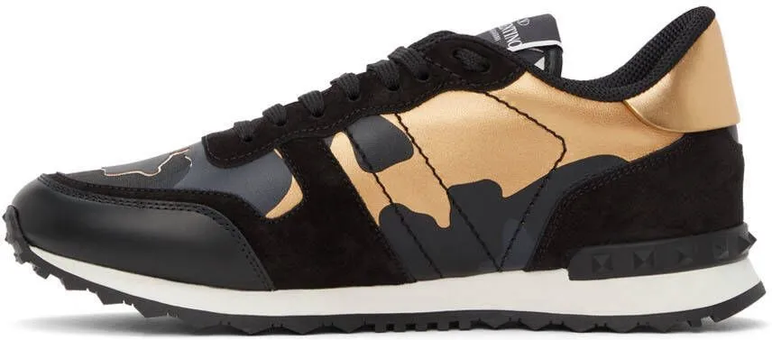 Valentino Garavani Black & Gold Camouflage Rockrunner Sneakers