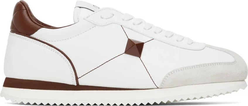 Valentino Garavani White & Brown Stud Around Sneakers