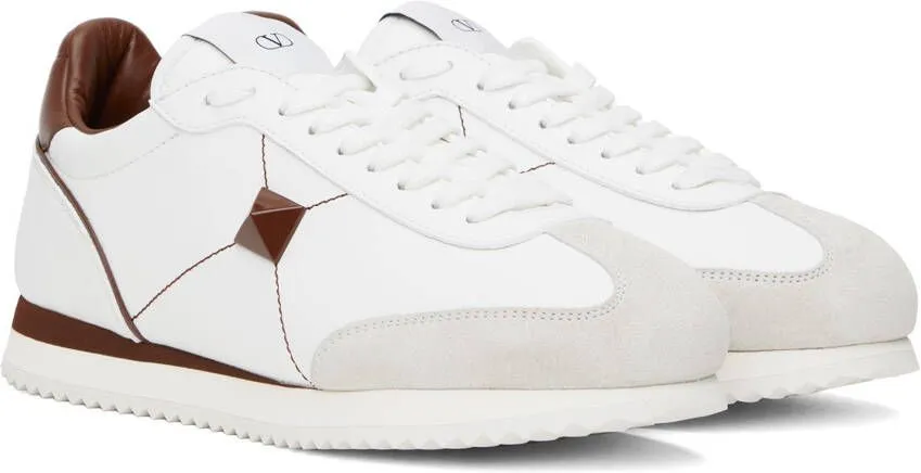 Valentino Garavani White & Brown Stud Around Sneakers