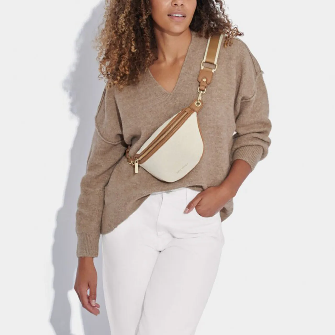 Women's Katie Loxton Capri Canvas Belt Bag - Tan and Off White